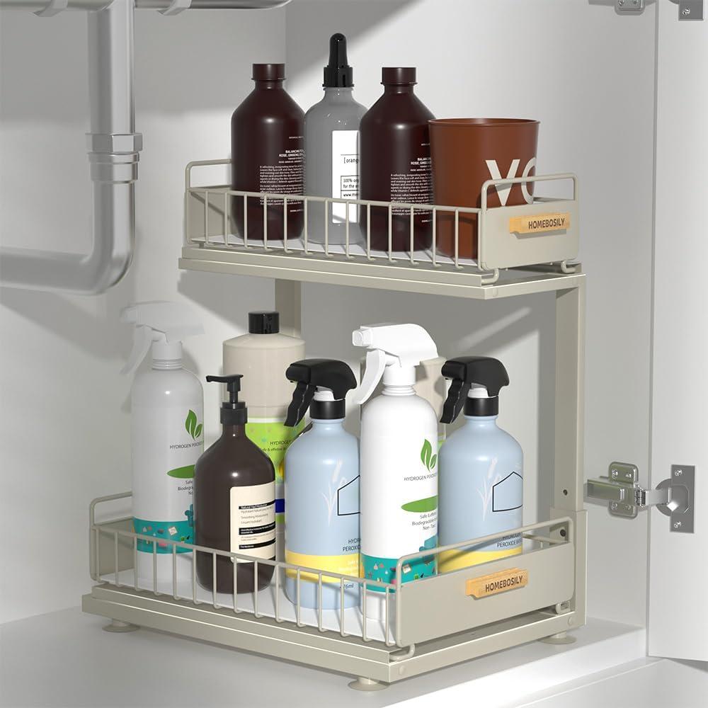 Under Sink Organizer, Pull Out Kitchen Cabinet Organizer 2 Tier Slide Out Under Sink Organizers and Storage, Sink Shelf Cabinet Storage Shelves for Kitchen Bathroom Pantry, Grey (Double Layer, Gray)