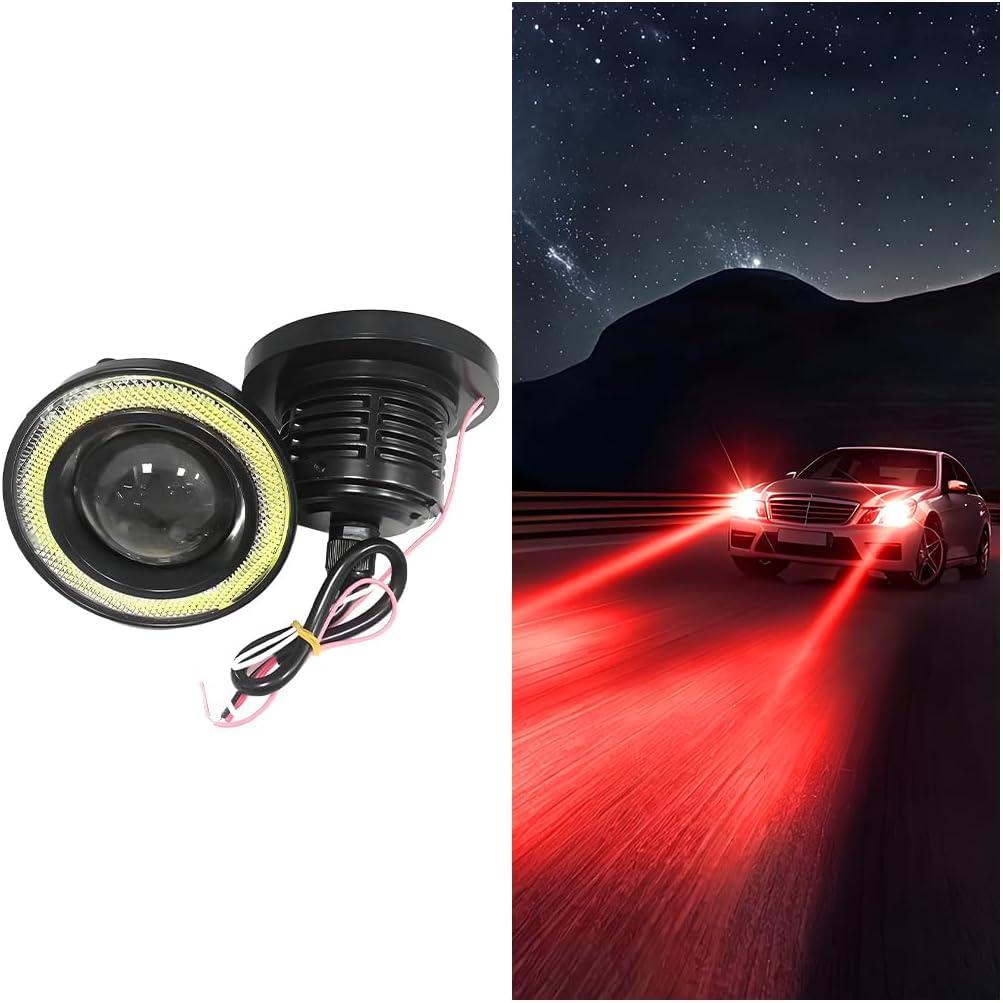 2PCS Car Angel Eye Fog Light, 2.5" Round COB LED Super Bright Vehicle Fish Eye DRL Fog Lamp Bulb, Anti-Vibration Daytime Running Light with Halo Rings, Universal Fit (White/Red)