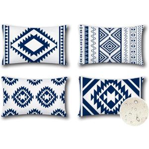 4 x OTOSTAR Outdoor Waterproof Throw Pillow Covers 12x20 Inch Set of 4 Boho Farmhouse Outdoor Cushion Covers for Patio Funiture GardenGeometry80-Navy Blue