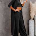 Fessceruna Womens 3 Piece Lounge Sets Pajamas Knit Long Sleeve Cardigan Crop Top Wide Leg Pants Loungewear Set (Black, M)