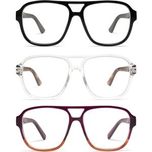 AMOMOMA 3 Pack Oversized Aviator Spring Hinge Reading Glasses for Women Men,Retro Blue Light Computer Reader Frame AM6081 (C1.black+c2.crystal+c4.purple Grading)