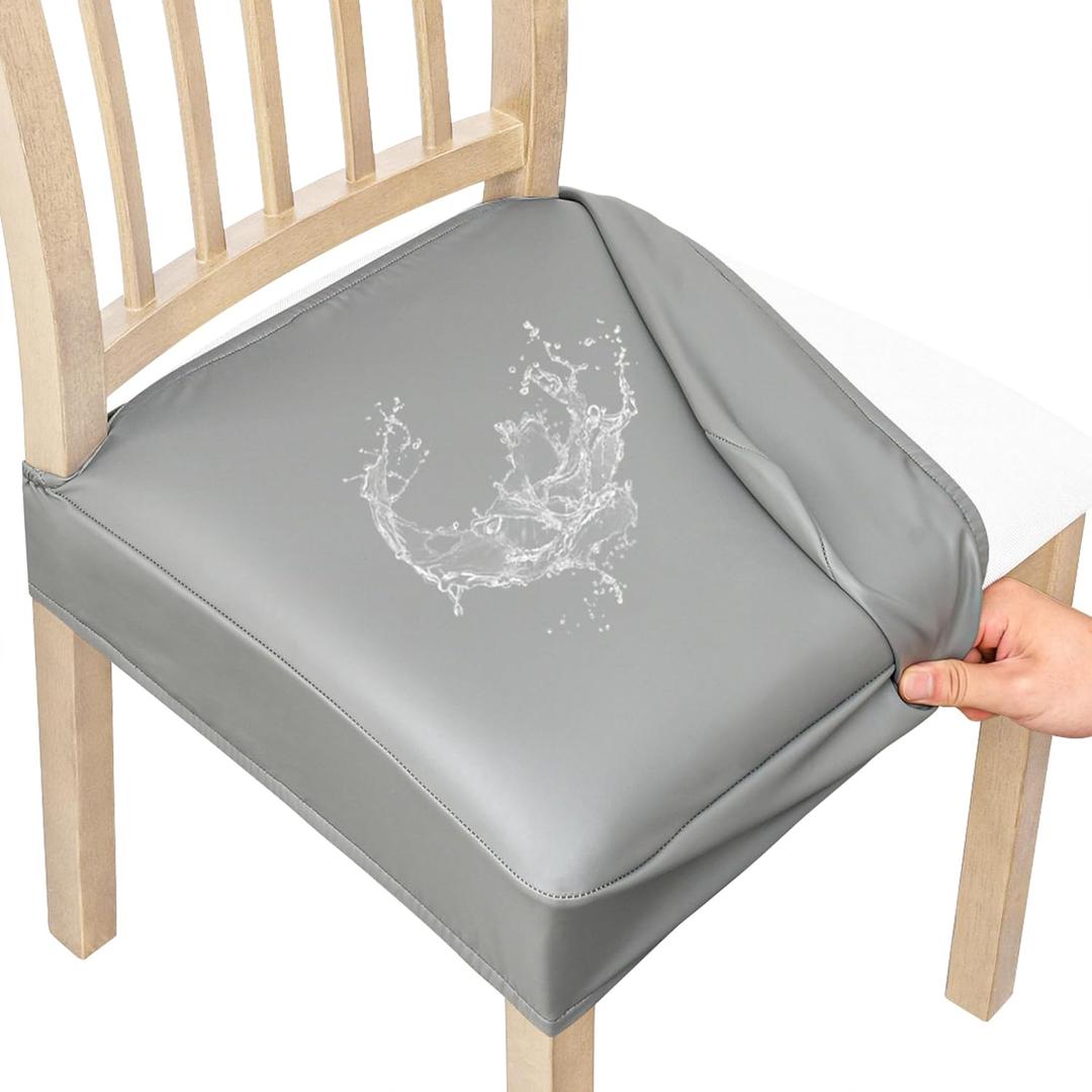 Smiry Waterproof Pu Leather Seat Covers for Dining Room Chairs Set of 8, Stretch Fit Removable Washable Kitchen Chair Seat Slipcovers Protector, No Rear Covers, Grey