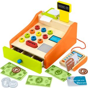 Change & Charge Cash Register Toy with Play Money for Kids (22pcs)  Wooden Play Toy Includes Coins, Bills & Credit Cards - Teaching Tool, Educational & STEM Learning Resource - Cashier Pretend Play