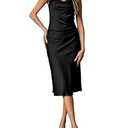 Ekouaer Women's Nightgown Satin Slip Dress Sexy Lingerie Sleepwear Long Slip Silk Midi Dress Spaghetti Strap Black, Small