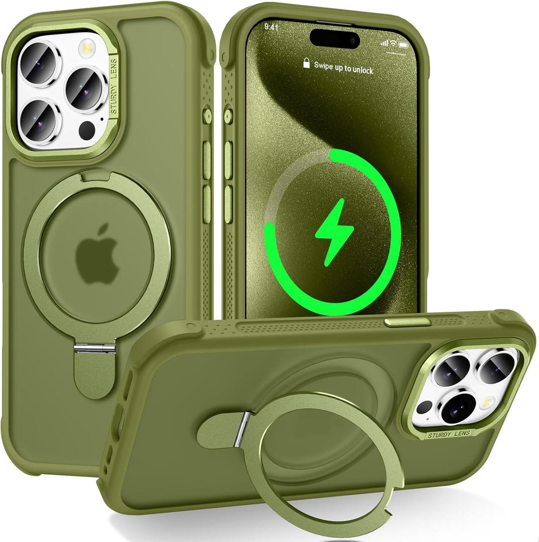 Designed for iPhone 15 Pro Max Case with Magnetic Stand, [Military Drop Protection][Great Grip Feeling] Matte Translucent Back Slim Shockproof Phone Cover for iPhone 15 Pro Max 6.7", Olive