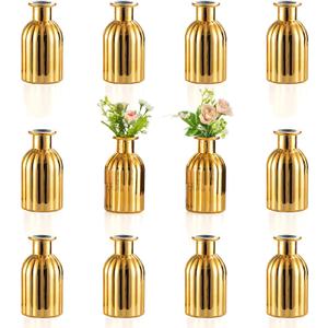 NUPTIO Bud Vases Small Gold: 12 Pcs Glass Vase Set in Bulk for Flowers - Mini Vintage Flower Bottle Single Vases for Wedding Table Centerpieces