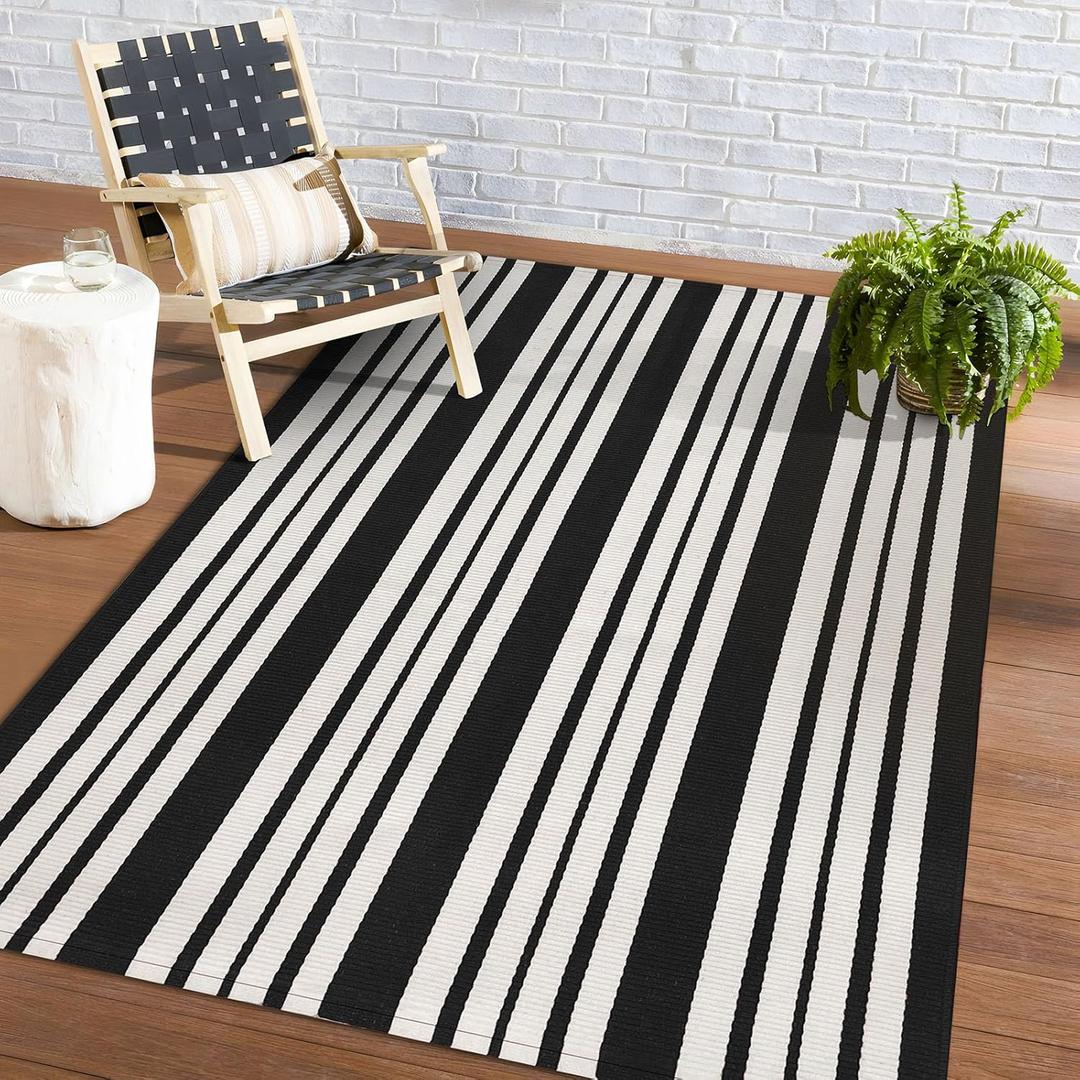 KOZYFLY Black and White Striped Outdoor Rug 4x6 Ft Area Rug Washable Indoor Outdoor Rug Hand Woven Cotton Door Mat Outdoor Carpet for Front Door Entryway Patio Porch Living Room