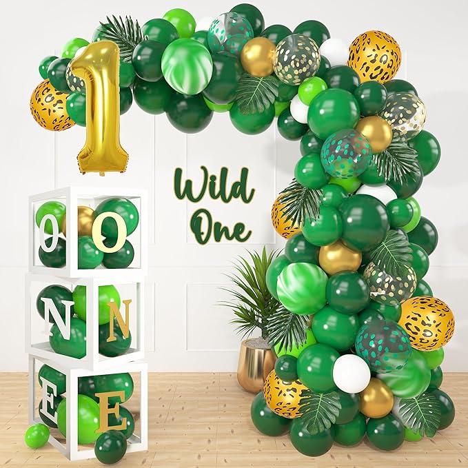 Amandir 110 PCS Wild One Birthday Decorations Balloon Boxes, Sage Green Gold Balloon Garland Arch Kit Number1 Artificial Leaves for Safari Jungle Theme First 1st Birthday Party Supplies Kids Boy Girl