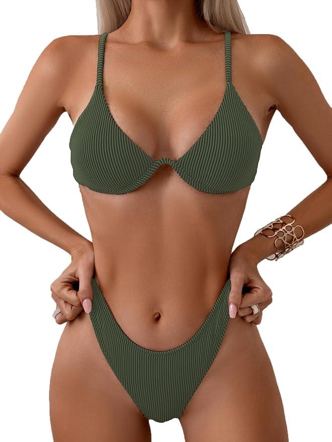 Fanuerg Women Underwire Triangle Bikini Spaghetti Strap Push Up Swimsuit Cheeky Two Piece Bathing Suit, XL