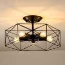 5-Light Farmhouse Semi Flush Mount Ceiling Light Fixture, Modern Black Ceiling Light, Industrial Close to Ceiling Light with Metal Hexagon Cage Ceiling Lamp for Kitchen, Hallway, Bathroomcloset