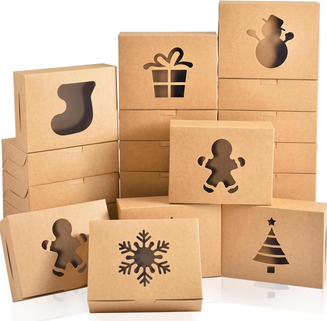 KPOSIYA 36 Pack Christmas Cookie Boxes for Gift Giving, 9x6x3 Inch Brown Bakery Boxes with Window, Large Holiday Cookie Tins with Lids, Small Xmas Treat Boxes for Pastry Dessert Cupcakes Packaging