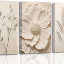 3Pcs Neutral Beige Floral Plant Canvas Wall art Textured Flower Botanical Painting Picture Wall Decor Vintage Blossom Poster Prints for Living Room Bedroom Bathroom Decoration