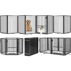 Metal Freestanding Dog Gate with Cat Door for Outdoor & Indoor,160" Extra Wide Foldable Pet Fence,30" Tall Dog Gate for RV Camping,Stairs,Hallways,Doorways,Deck,Yard,with 7PCS Support(8 Panels,Black)