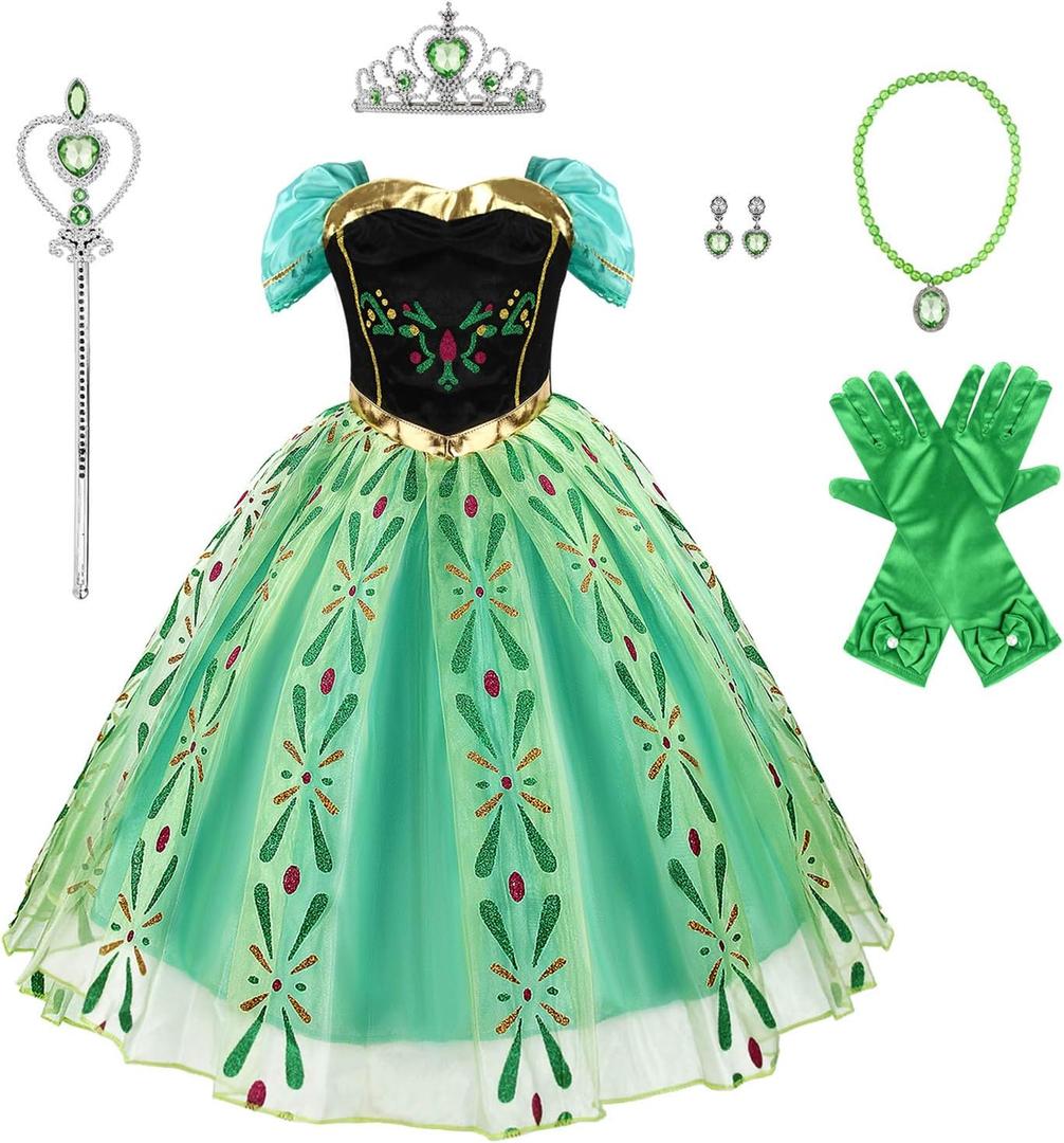 Acecharming Girls Anna Princess Dress, Cosplay Dress Up for Girls Anna Costume Dress Halloween Fancy Birthday Party Dress (5-6 Years, Green+accessories)