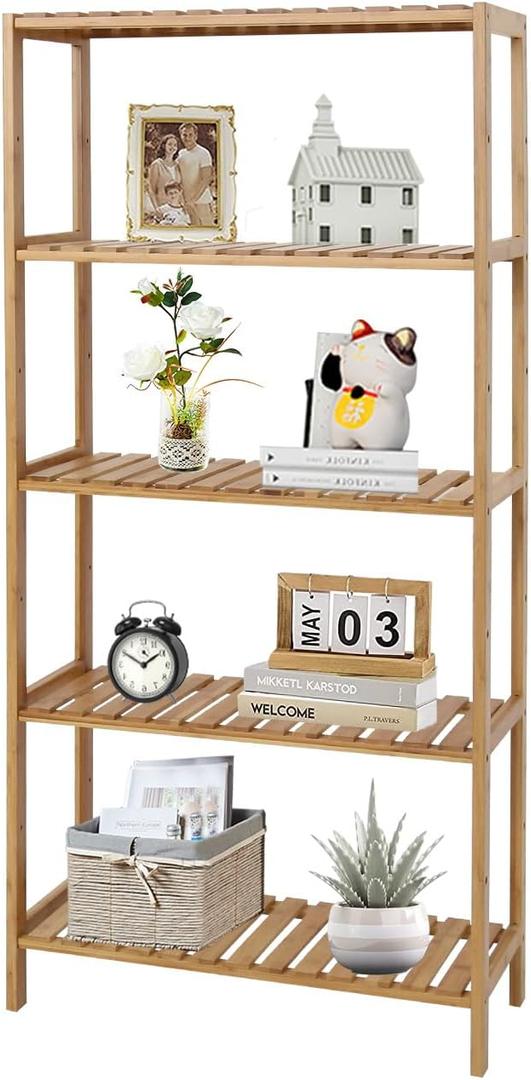 kinbor 5-Tier Bamboo Bathroon Shelf - Multifunctional Bamboo Rack Storage Shelving Rack Utility Shelf for Bathroom Kitchen Living Room