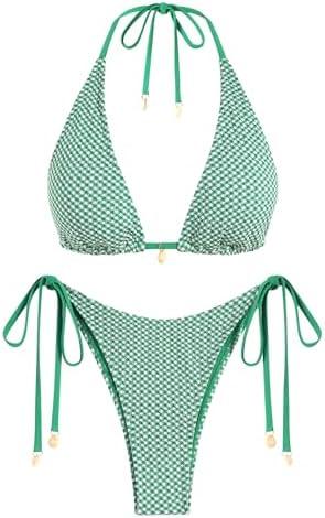 ZAFUL Women's Triangle Bikini Multiway Fishnet Tie Side Bandeau Halter String Bikini Set Two Piece Swimsuit Bathing Suits, Size: L