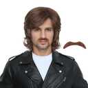 Miss U Hair Men 70s Short Wavy Brown Wig with Mustache Hippie Rocker Wig Cosplay Costume Outfit