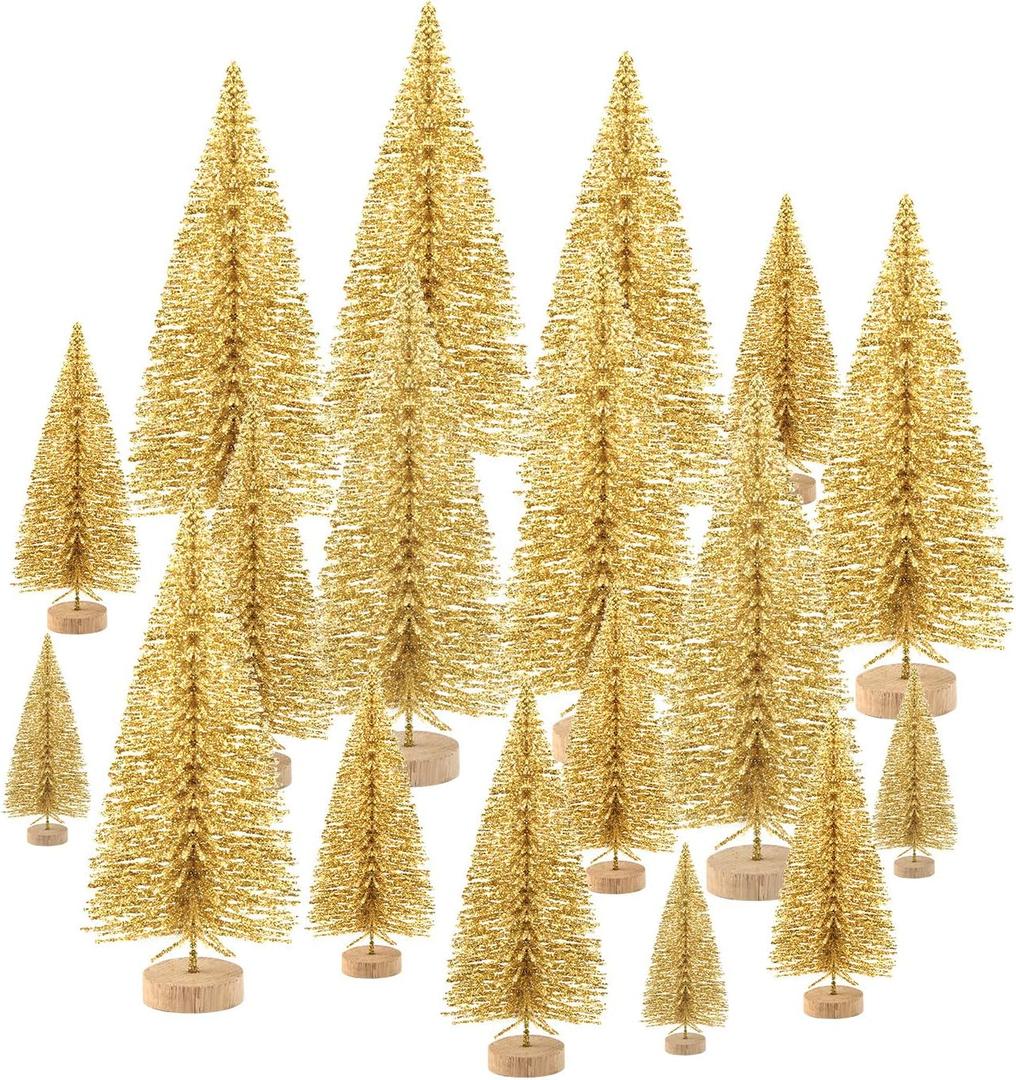 KUUQA 48 Pcs Mini Christmas Trees Bottle Brush Trees Tabletop Model Trees for Christmas Decoration DIY Room Decor Winter Decoration Diorama Models (Gold), Small Size Trees