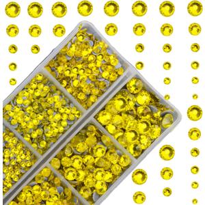 10000Pcs 2-Boxes Mixed Size Hot Fix Round Crystals Gems Glass Stones Hotfix Flat Back Rhinestones with Tweezers and Picking Pencil (Yellow)