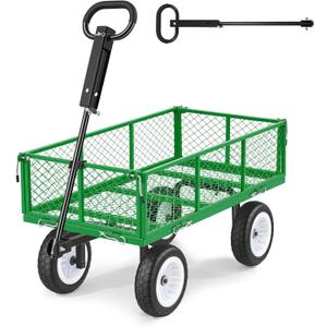 VEVOR Garden Cart, 900 LBS, Heavy Duty Steel Yard and Garden Utility Wagon with 10-Inch Tires, Outdoor Gardening Stool with Adjustable Handle, Detachable Side Panels, Attach to ATV or Tractor, Green