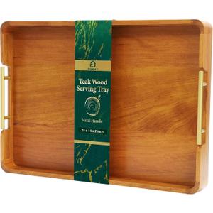 Solid Teak Wood Serving Tray with Handles, 20"x14"x2" Large Ottoman Tray for Living Room Kitchen Party, Decorative Rustic Rectangular Tray for Home Coffee Table Breakfast Dinner Bar