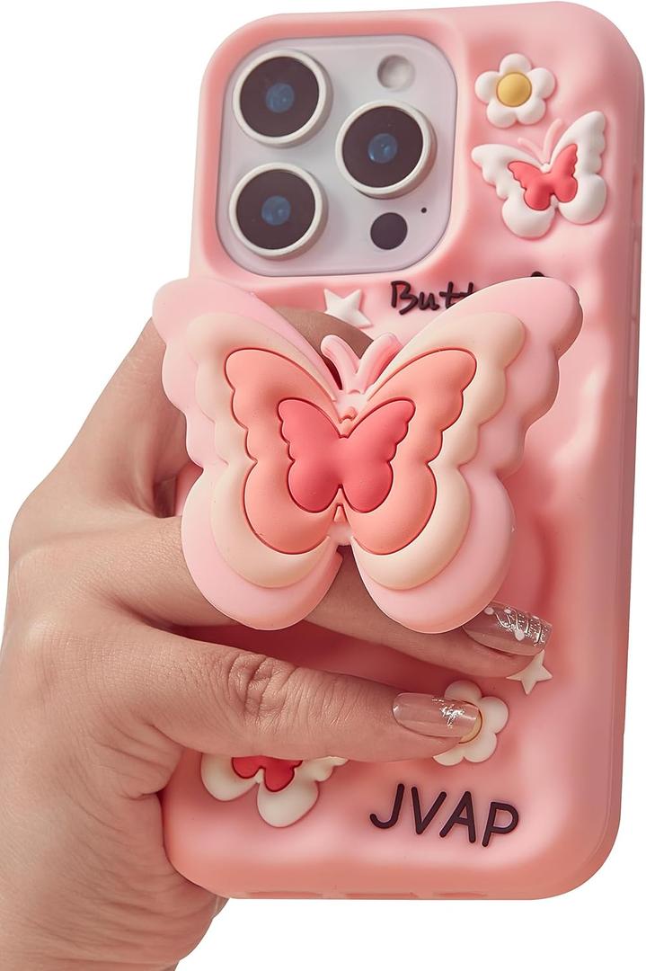 Kawaii 3D Butterfly Phone Case for iPhone 15 (with Retractable Phone Stand & Grip) Cute Girly Cartoon Soft Silicone Phone Cover for Girls, Boys, Kids, Teens, and Women, Pink