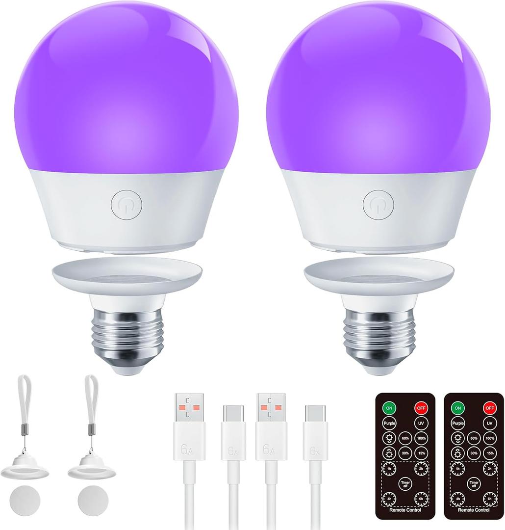 Brightown E26 Rechargeable UV Light Bulbs with Remote and Timer, 120V E26 Base UVA Level 385-400nm, Glow in The Dark for Blacklight Party, Body Pain, Halloween, Purple + UV Purple Mode, 2 Pack