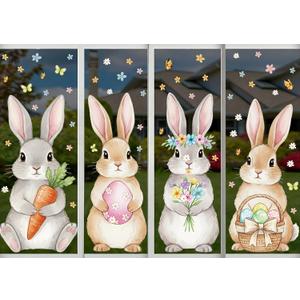 2 x Tenceur Large Easter Bunny Window Clings, Cute 12 x 35.4 Inches Spring Watercolor Bunny Rabbit Window Stickers for Glass Home or Holiday Easter Party Supplies, 3 Sheets