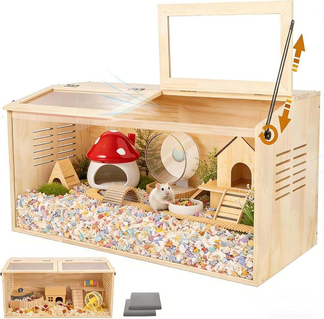 Wooden Hamster Cage,40" L x 20" W x 20" H Animal Cabinet for Dwarf Syrian Hamsters Degus, Hamster Habitat with Openable Top and Large Acrylic Sheets.