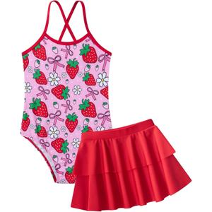 Vieille Little Girls Swimsuit Cute Kids Quick Dry Swimwear with Skirt 3-8 Years (5-6 Years, Strawberry)