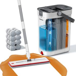 HoMettler Mop and Bucket Set, Flat Mop and Bucket System with Separate Dirty and Clean Water, 3-Compartment Wall Cleaner Mop, Flat Mops for Floor Cleaning with 8 Microfiber Pads