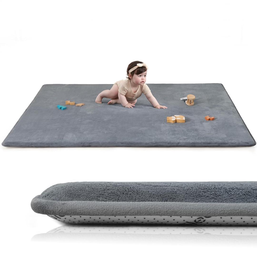 Huloo Sleep Baby Play Mat for Floor, 1.3" Thick Elasti-Foam 50"×74" Playpen Mat for Tummy Time, Water Repellent Soft Coral Velvet for Toddler, Infant, Kids, Non-Slip Backing Safe for Crawling(Dark Grey)