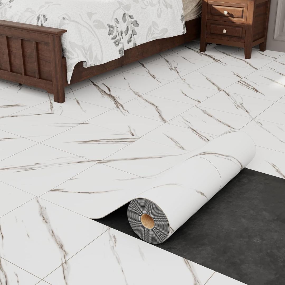 Oxdigi Vinyl Floor Tiles Peel and Stick 23"x 118"/19 Sq.Ft, Thicken Self Adhesive Vinyl Flooring Roll Marble Pattern Waterproof DIY Floor Coverings for Bathroom Living Room Kitchen, White Marble