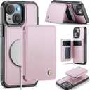 Compatible with Magsafe for iPhone 14 Wallet Case Magnetic Card Holder, RFID Blocking 2 in 1 Detachable Kickstand Shockproof Cover for Women Men, Pink