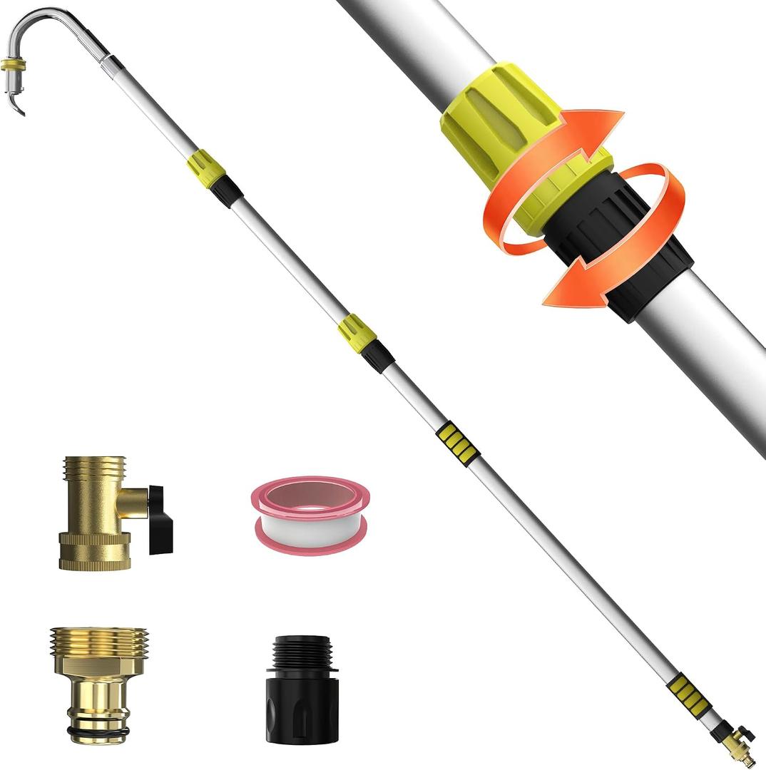 24FT Reach Gutter Cleaning Tool with 8-15FT Telescopic Pole, 360 Rotatable Duckbill Metal Head Gutter Cleaner with Shut Off Valve, Adjustable Leak-Proof Gutter Washing Tool for Garden Hose