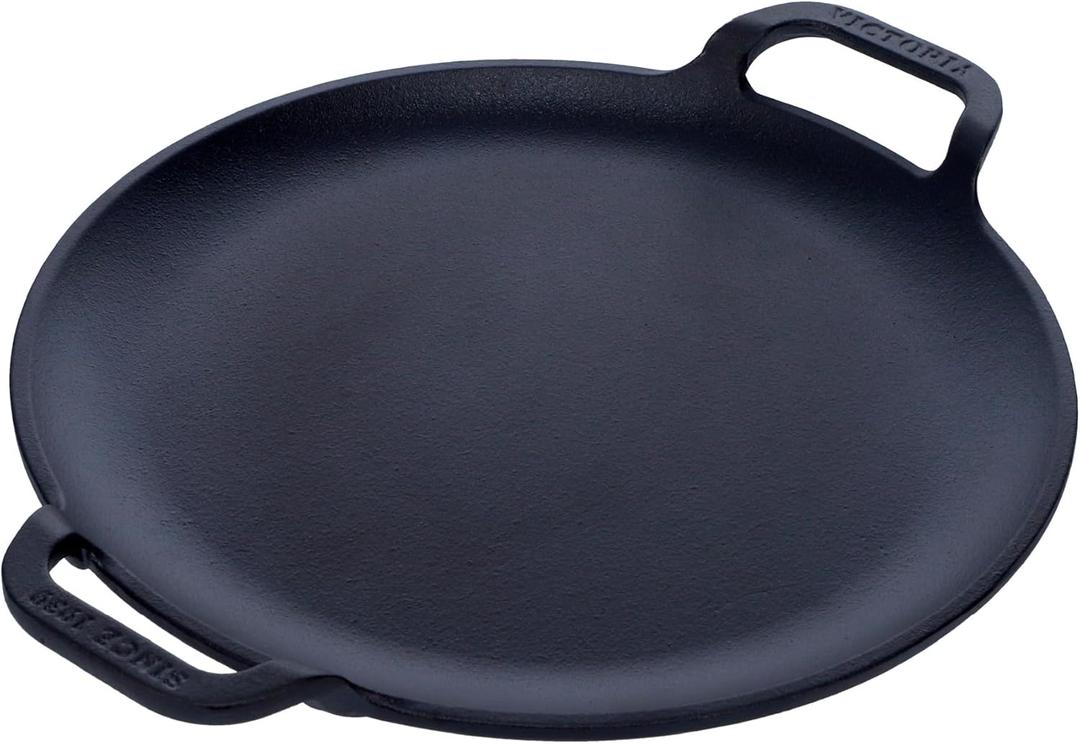Victoria 10-Inch Cast Iron Comal Pizza Pan with 2 Side Handles, Preseasoned with Flaxseed Oil, Made in Colombia, Black