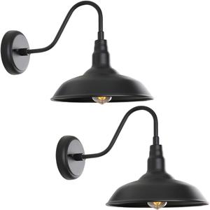Black Outdoor Barn Light with Wall Mount 2 Pack Exterior Gooseneck Lights with 10" Dome, Farmhouse Style Outside Wall Sconce for House, Porch, Patio