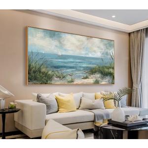 Sea Beach Framed Canvas Wall Art Vintage Seascape Prints Wall Decor Ocean Sailboat Seagull Pictures Beach Bird Reed Painting Artwork Living Room Bedroom Decoration 29" X 58"