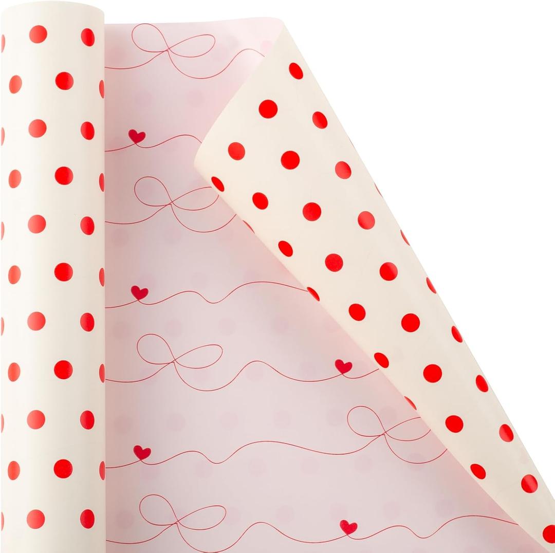 Flyhill Polka Dot Valentine Wrapping Paper Roll,Reversible Pink Beige Heart & Bow Elegant Gift Wrap Suitable for Valentines Day, Anniversary Day, Birthday,Girls,Baby Shower,Wedding (17 Inch X 32.8 Feet)
