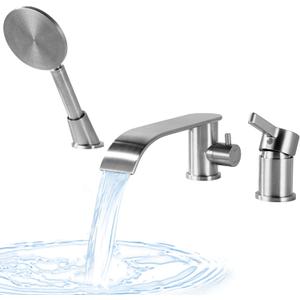 LUOGULIANG Roman Tub Faucet with Hand Shower, Deck Mount Bathtub Filler Faucet with Sprayer, 3 Hole Waterfall Single Handle Tub Filler with 360° Spout, Brushed Nickel