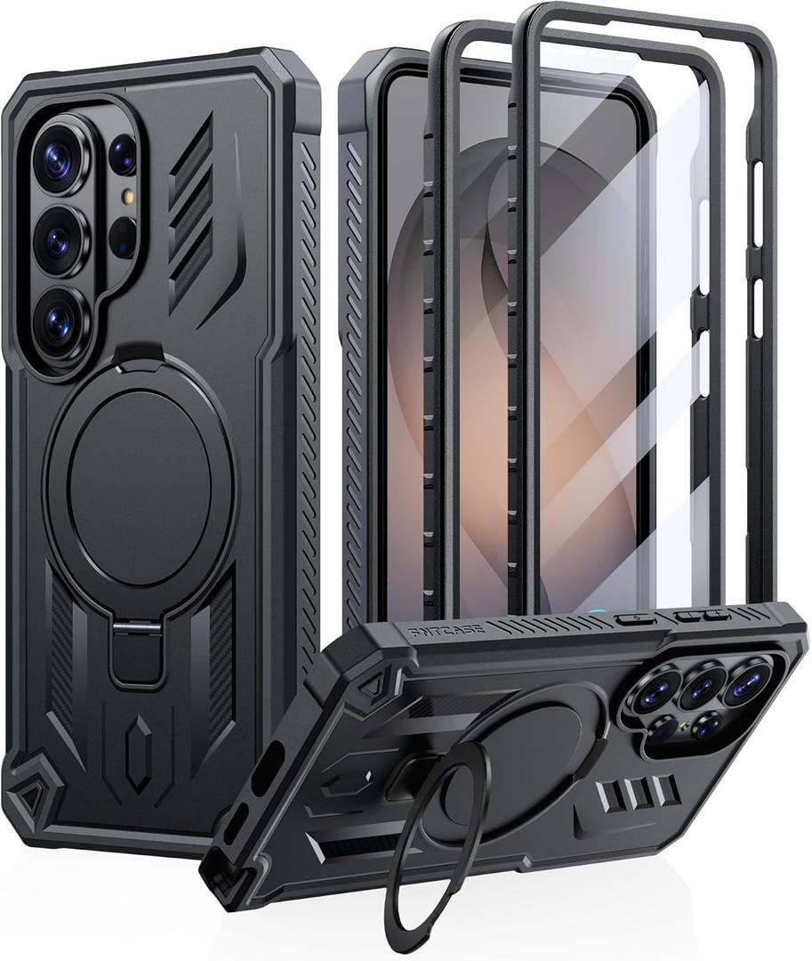 FNTCASE for Samsung Galaxy S26-Ultra Case: Magnetic Phone Cases with [Ring Kickstand] [2 Front Frames] [Built-in Screen Protector] [Heavy Duty Military Grade Protection] Drop Proof TPU Cover Black