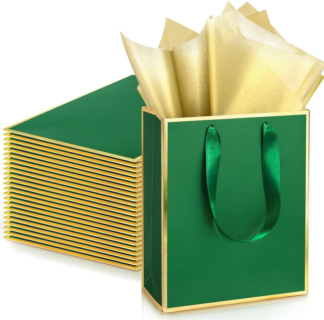 Yeaqee 24 Pack Metallic Paper Gift Bags with Handle and Tissue 9x7x3.1 Gold Foil Welcome Favor Bags Return Gifts for Wedding Fall 5 Senses Valentine Bridesmaid Birthday(Green Gold)
