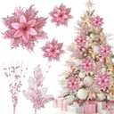 22 Pcs Christmas Tree Decorations Set 8 Pcs Poinsettia Flowers Artificial with Clips 14 Pack Glitter Berries Stems Floral Picks Christmas Ornaments for Holiday Wreath Party Decor(Pink)