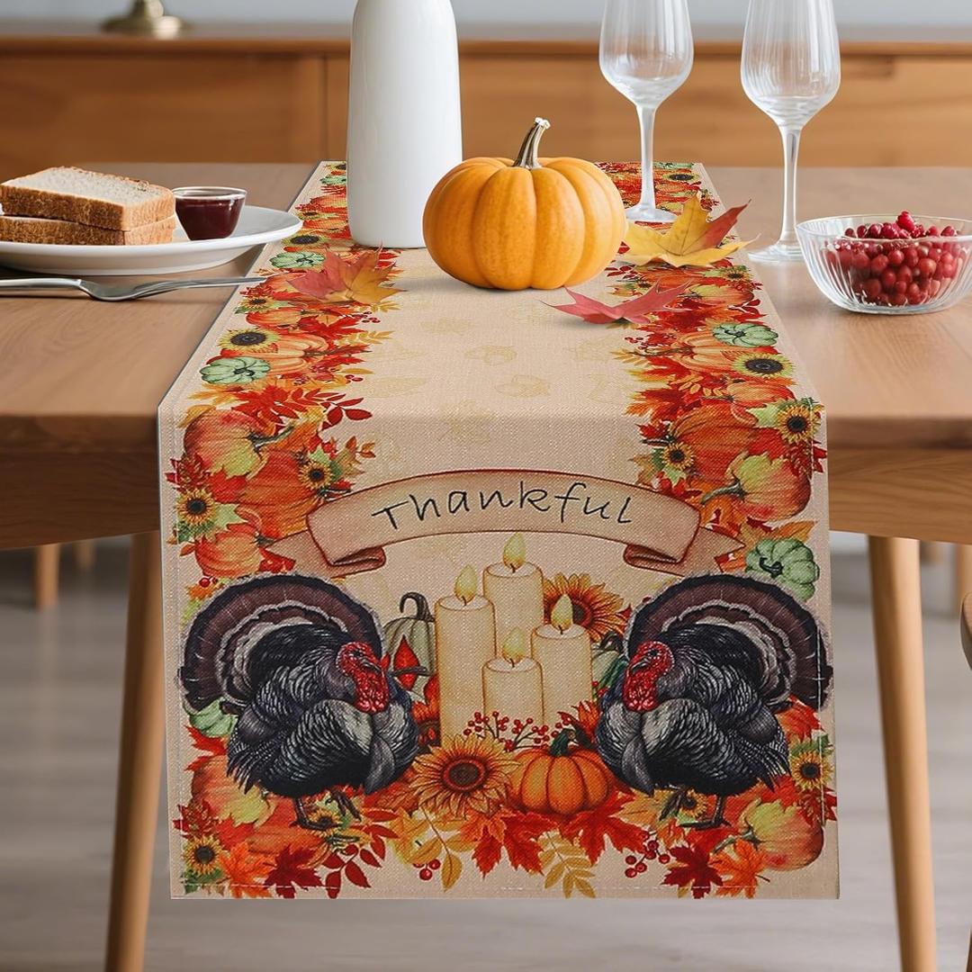 Larponder Thanksgiving Fall Turkey Pumpkin Table Runner, Harvest Decor Polyester Fabric with Wrinkle Resistant and Water Resistant, Autumn Table Decor for Dining Room (13 x 108 Inches)