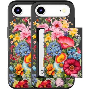 Compatible for iPhone 17 Air Case with Card Holder Cute - Kawaii Design Military-Grade Drop Protection Rugged Wallet Cases for Women (Black Red Garden Flower)