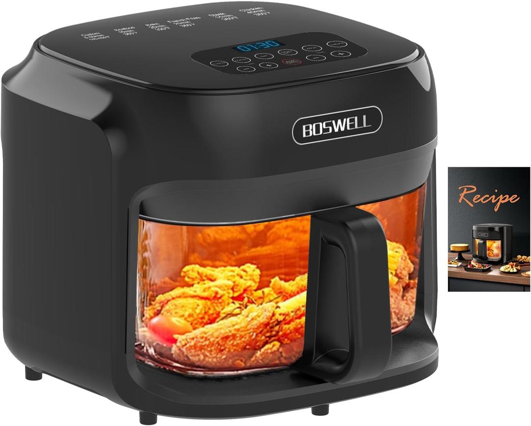 BOSWELL Glass Air Fryer, 7.5QT with Transparent Fry Bowl, Circulating Heating, Temperature Control, Air Fryer Roast, Dishwasher Safe (Black)
