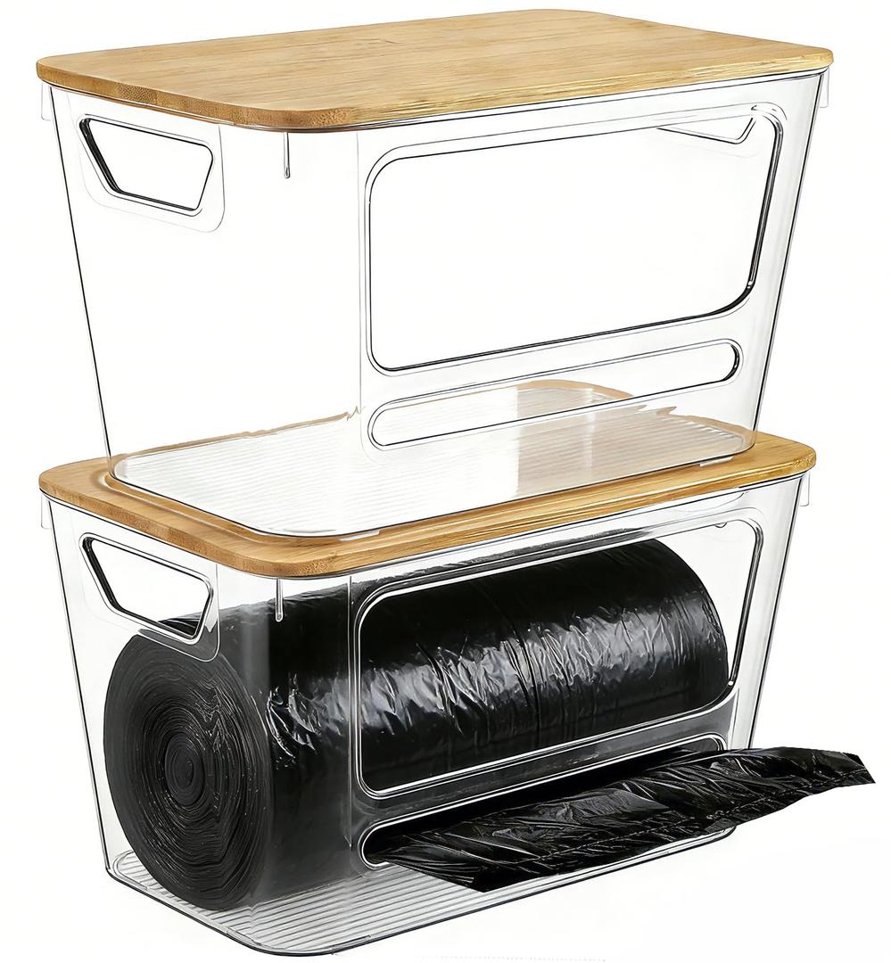 Trash Bag Dispenser, 2 Pack Extra Large Acrylic Trash Bag Holder with Bamboo Lid, Stackable Garbage Bag Organizer for Kitchen, Under Sink, Pantry Organizer and Storage, Potato and Onion Storage
