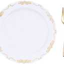 LIYH 200 Pcs Gold Dessert Plates,100 Pcs Appetizer Plates 7.5" and 100 Pcs Gold Plastic Forks 5", Cake Plates, Disposable Salad Plate Wedding Cake Plate Forks for Parties, Birthdays, Wedding