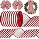 Whaline Christmas Peppermint Stripe Wired Edge Ribbon 4 Inch Glitter Christmas Red White Stripes Ribbon for Xmas Winter Tree Bow Wreath Craft Gift Wrap Holiday Home Decor, 15 Yards