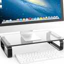 Hemudu Computer Monitor Stand Riser Multi Media Desktop Stand for Flat Screen LCD LED TV, Laptop/Notebook, with Tempered Glass and Metal Legs, Black HD02B-001U 